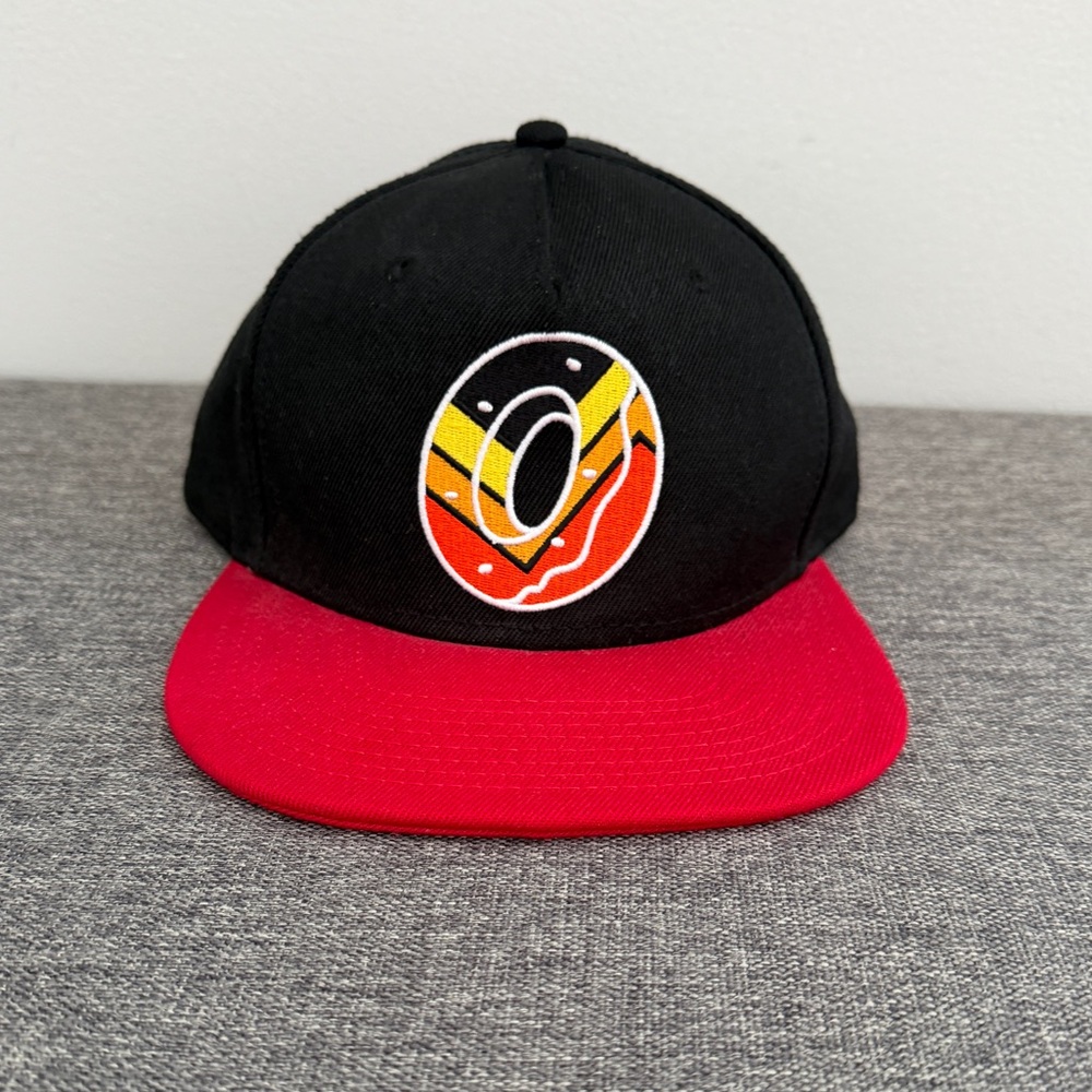 Odd Future Black Red Donut Log Patch Baseball Hat Flat Bill RARE ONE FLAW READ